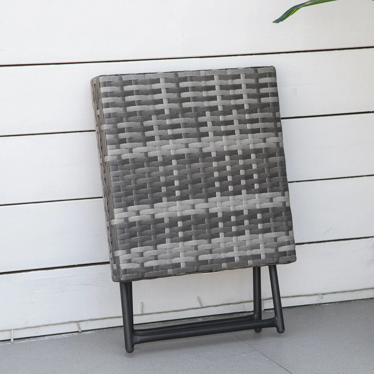 Outsunny Square PE Wicker Rattan Folding Table,Weather Resistant Wicker Weave Side Table with Steel Frame, Grey