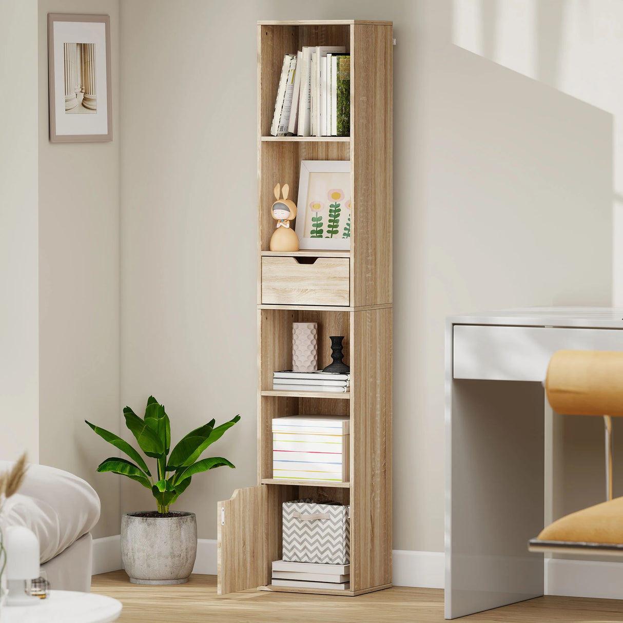 HOMCOM 6-Tier Bookcase, Tall Narrow Bookshelf with Drawer and Door - Natural Wood Finish