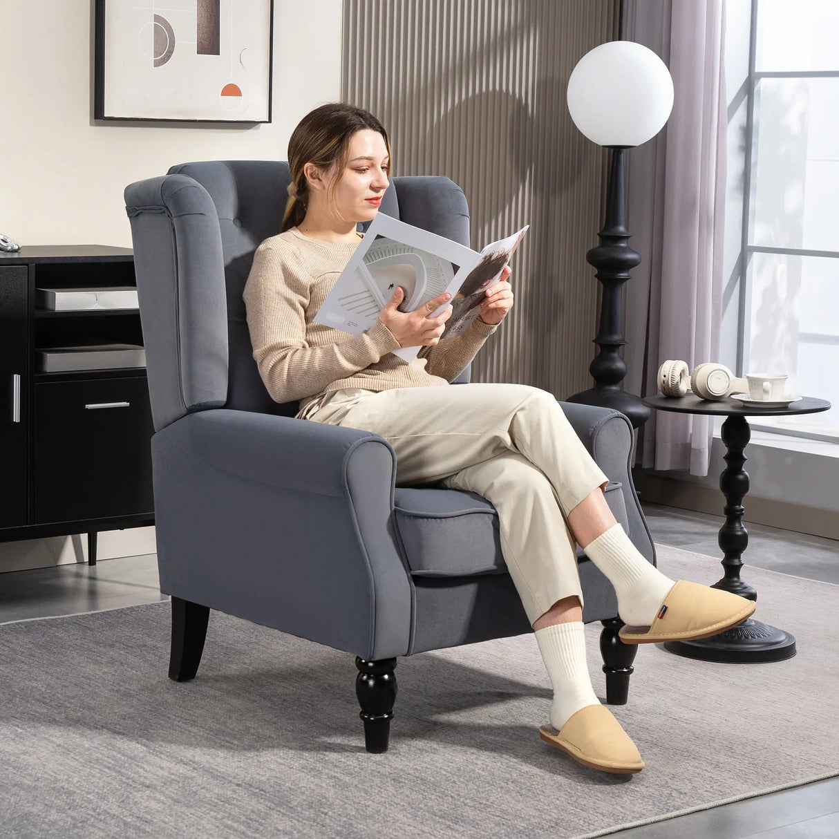 HOMCOM Wingback Accent Chair, Retro Upholstered Button Tufted Occasional Chair for Living Room and Bedroom, Grey