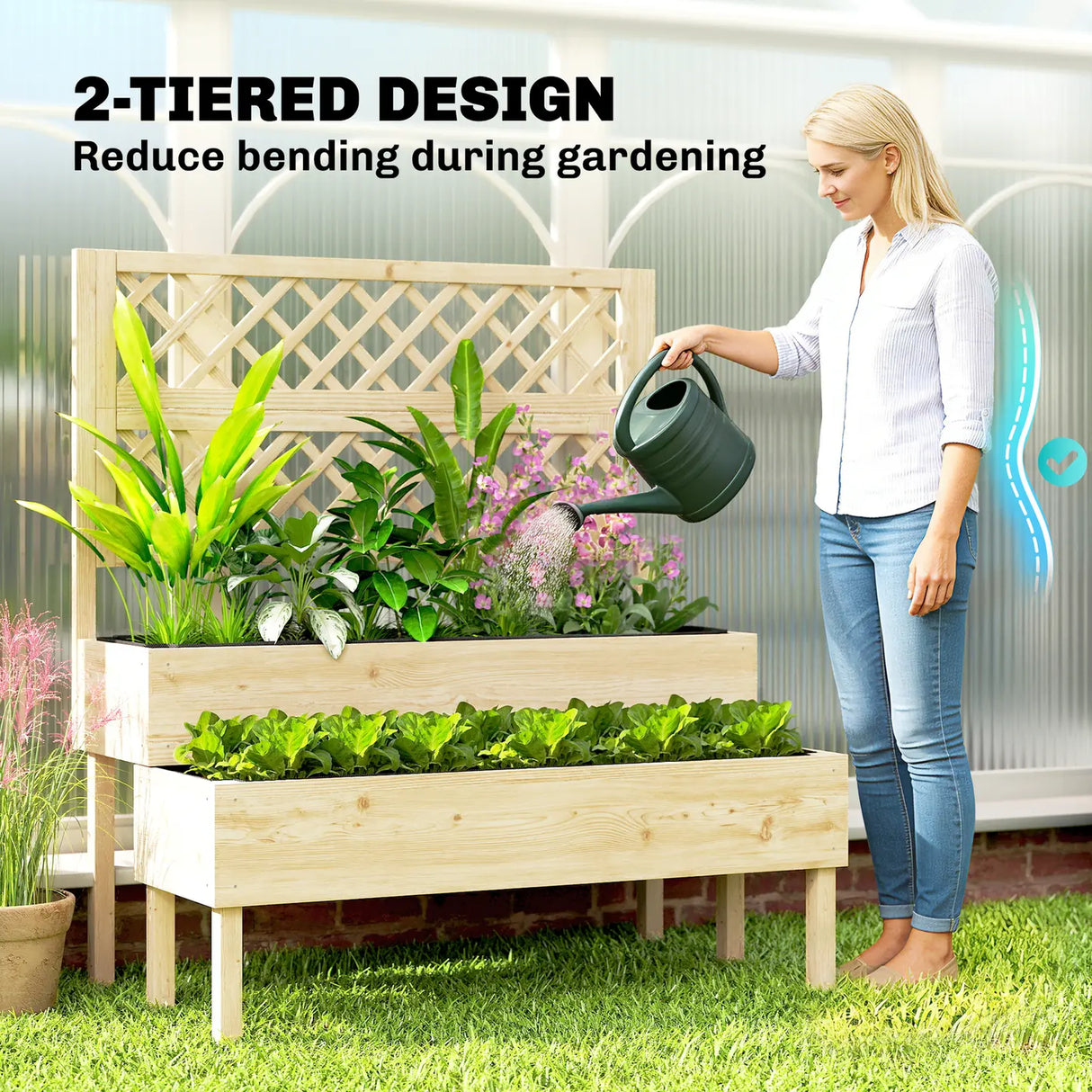 Outsunny Raised Garden Bed 2-Tier Stepped Design Planter Box with Trellis for Climbing Plants 108x62x120 cm