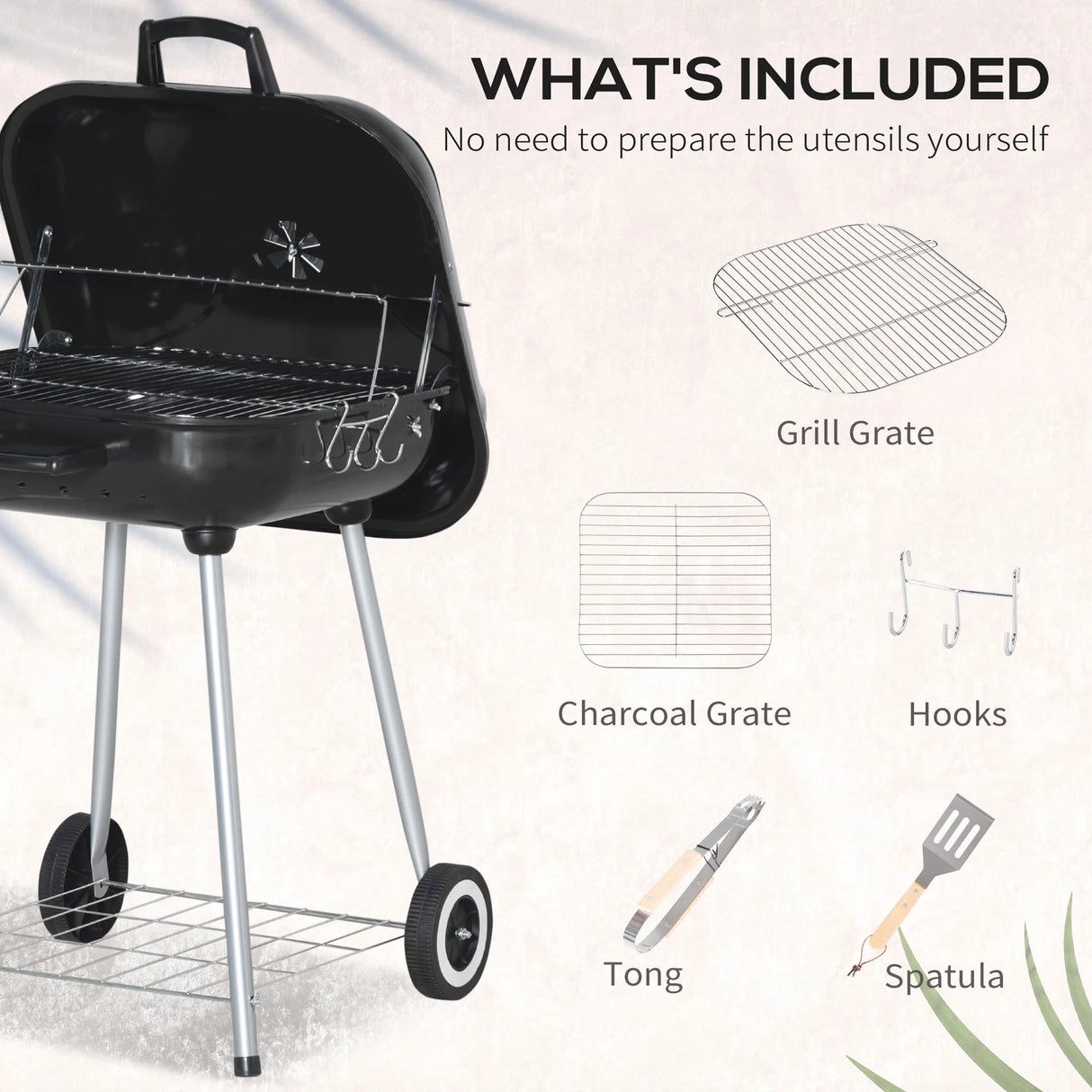 Outsunny Portable BBQ Charcoal Grill with 2 Wheels and Cooking Utensils, Smoker Grill with Lid for Outdoor Barbecues, Camping, Picnic, Courtyard