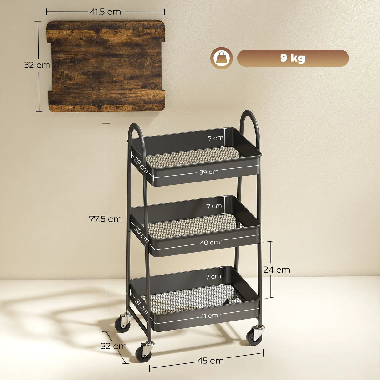 HOMCOM 3-Tier Kitchen Storage Trolley with on Wheels Cover Top Board - Rustic Brown and Black