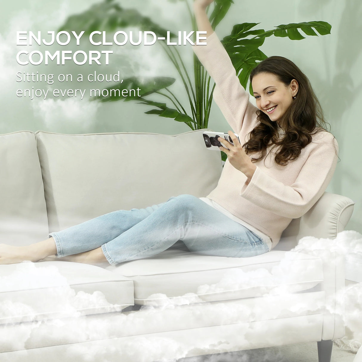 HOMCOM 3 Seater Sofa, Modern Fabric Sofa Couch with Spring Cushion, Rubber Wood Legs, 191cm Upholstered Settee for Living Room, Bedroom, Home Office, Guest Room, Cream White