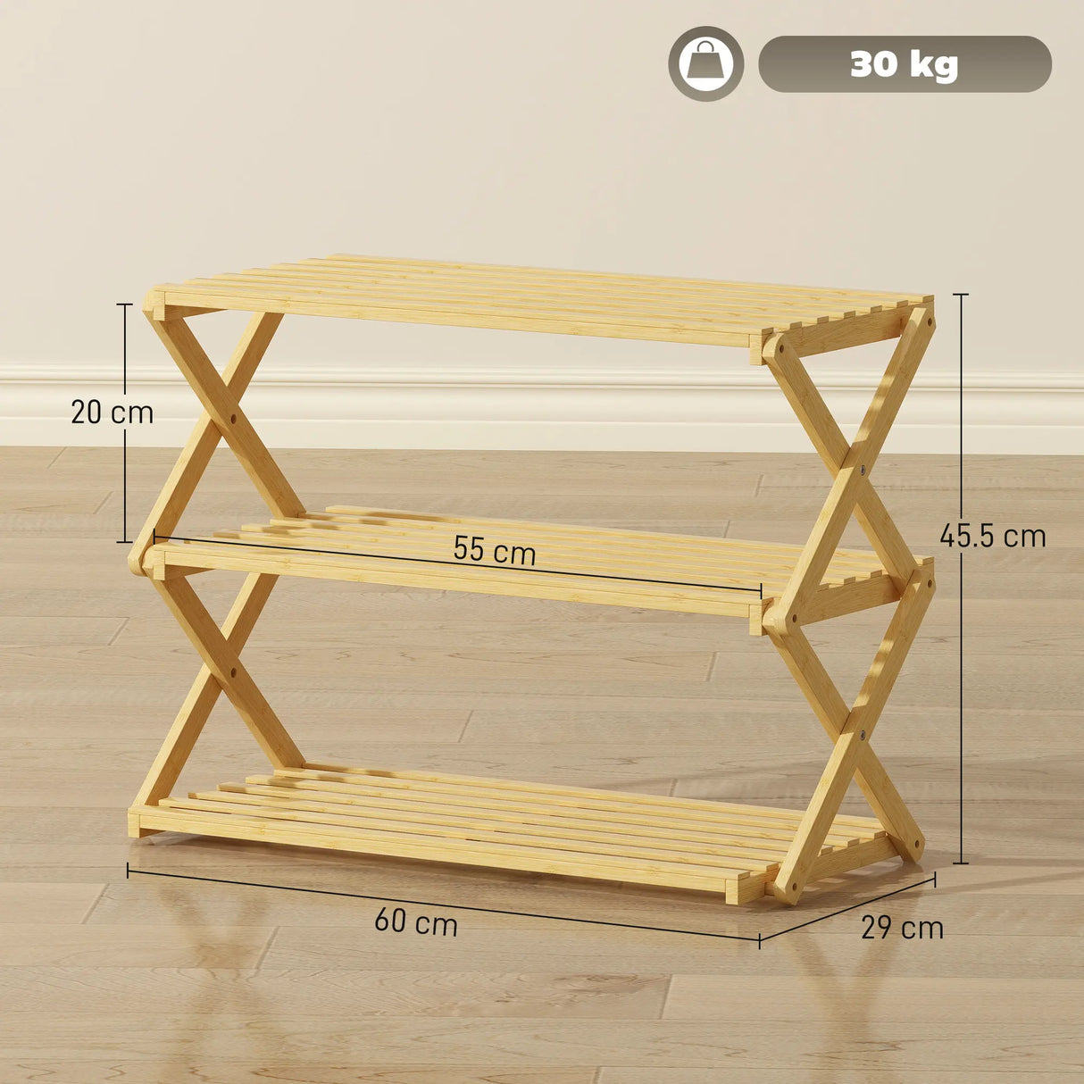 HOMCOM Three-Tier Folding Bamboo Shoe Rack - Natural Finish