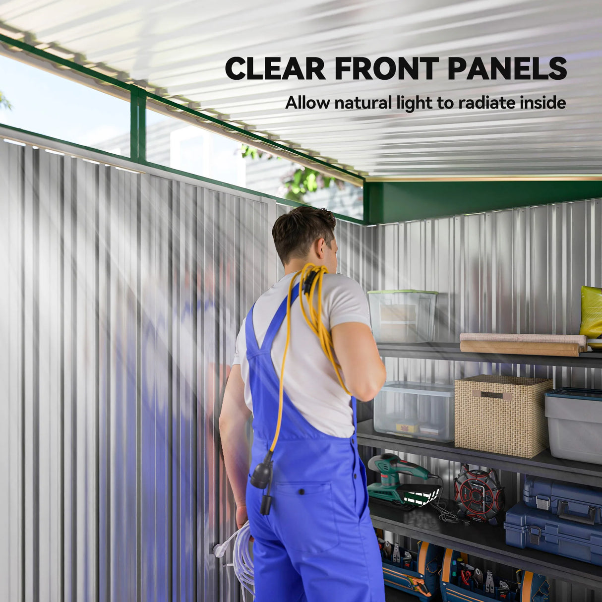 Outsunny 8.5 x 4ft Metal Shed with Lightsky Panels, Garden Storage Tool House with Double Doors for Garden, Patio and Lawn, Green