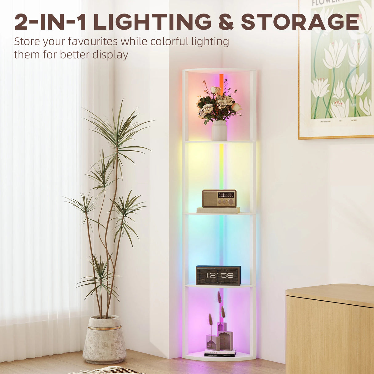 HOMCOM RGB LED Floor Lamp with Shelves, 5-Tier Dimmable Standing Lamp with Adjustable Brightness and Remote Control, Modern Corner Display Shelf Unit for Living Room Bedroom Office, White