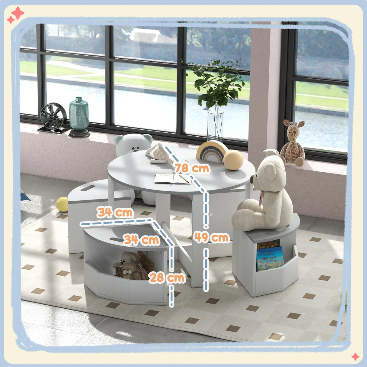 AIYAPLAY Five-Piece Kids Table and Chairs Set with Storage, for Ages 3-8 Years, Grey