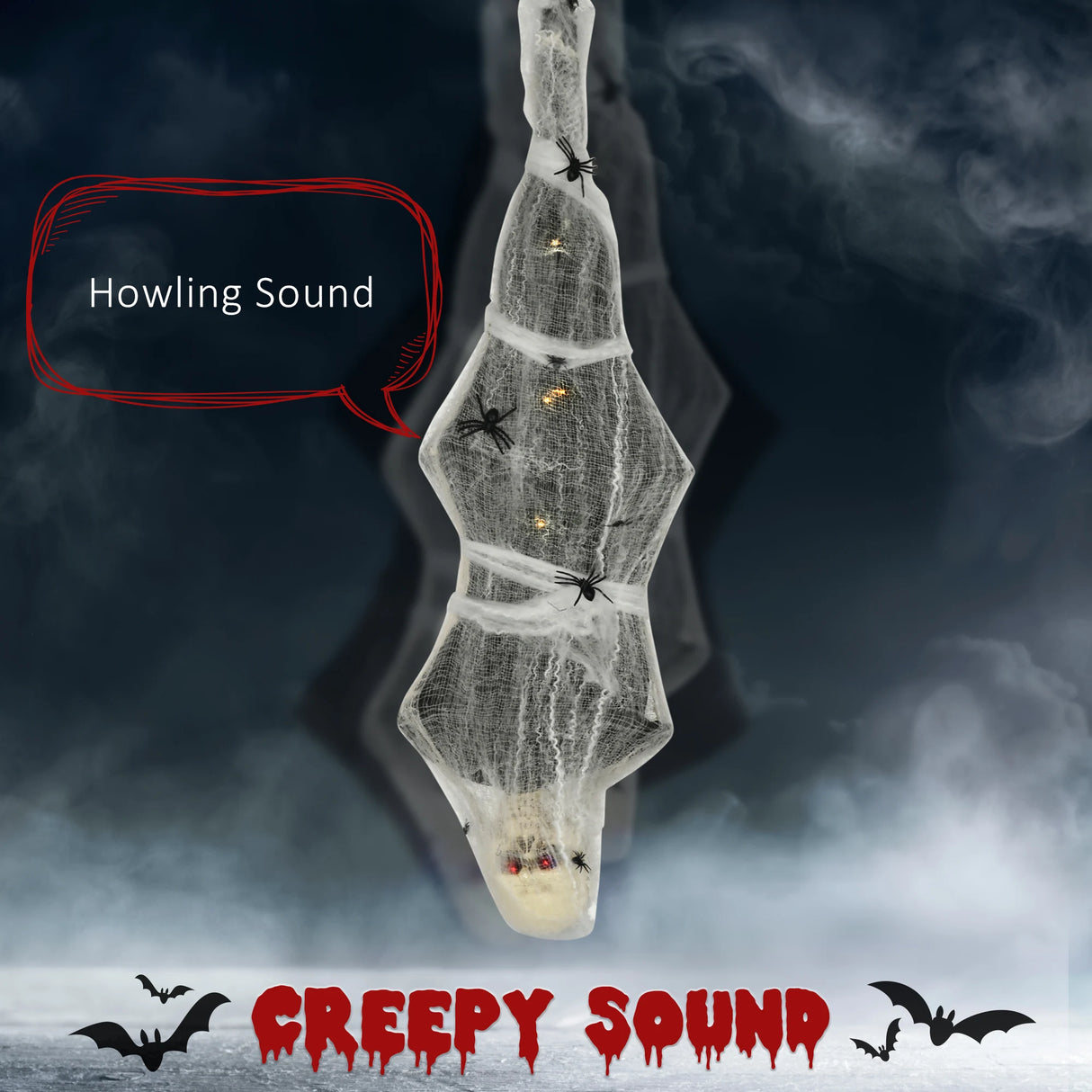 HOMCOM 4.7ft Life Size Outdoor Halloween Decoration Hanging Mummy with Spider Web, Animated Prop Decor with Sound and Motion Activated, Light Up Eyes, Howling Sound, Posable Arms, Moving Body