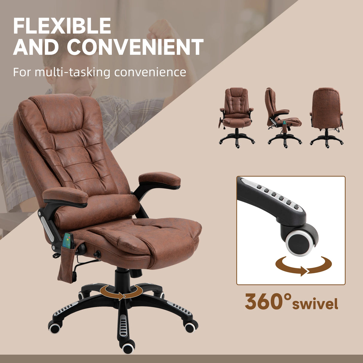 Vinsetto Massage Recliner Chair Heated Office Chair with Six Massage Points Microfiber Cloth 360 Swivel Wheels Brown