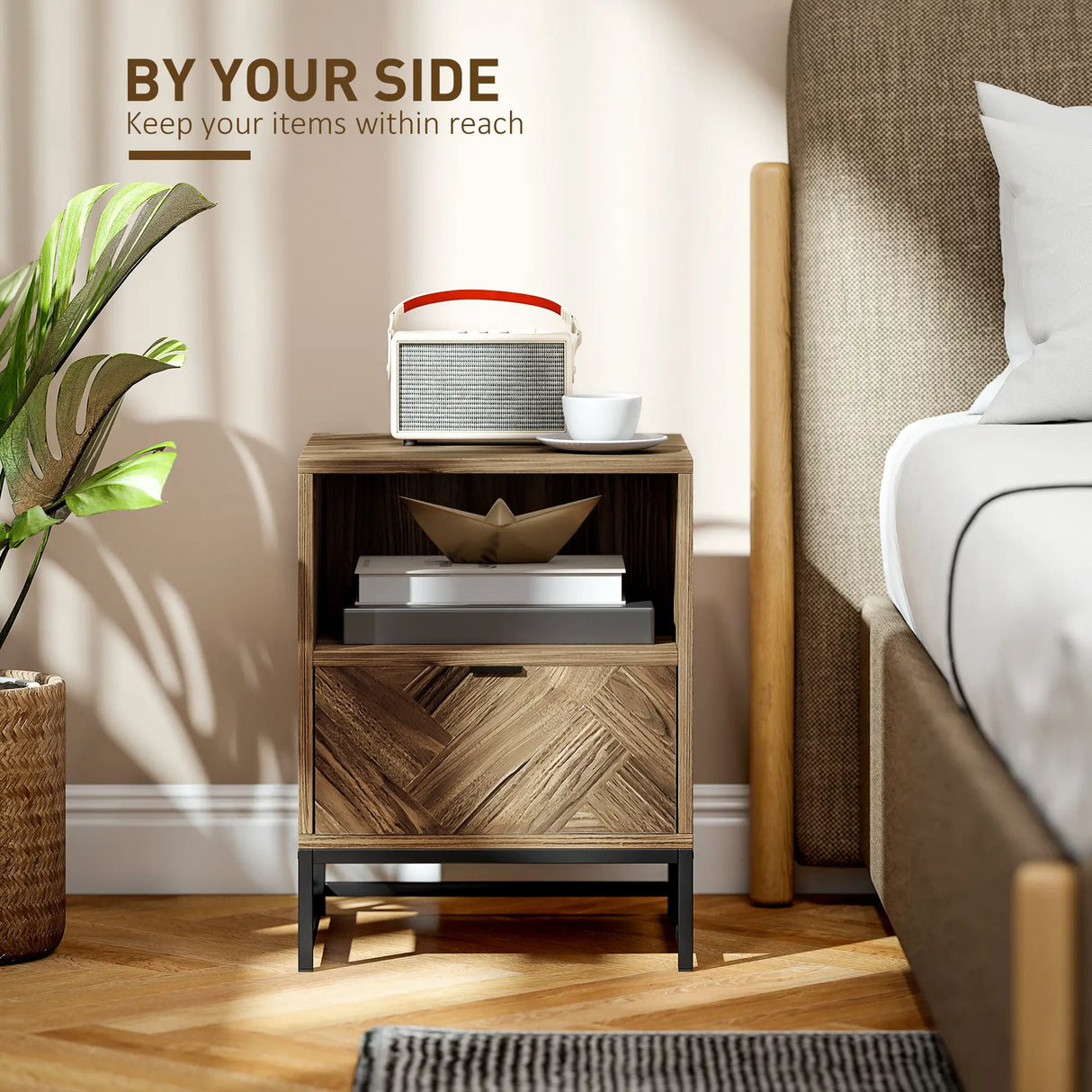 HOMCOM Bedside Table with Drawer and Shelf, Side End Table with Steel Legs for Living Room, Bedroom, Brown Wood Effect