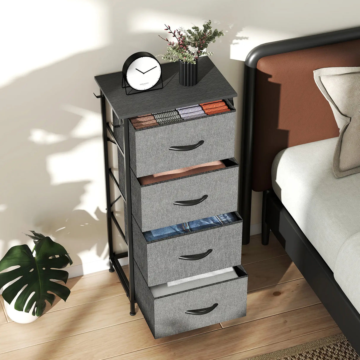 HOMCOM Chest of Four Fabric Drawers - Charcoal Grey