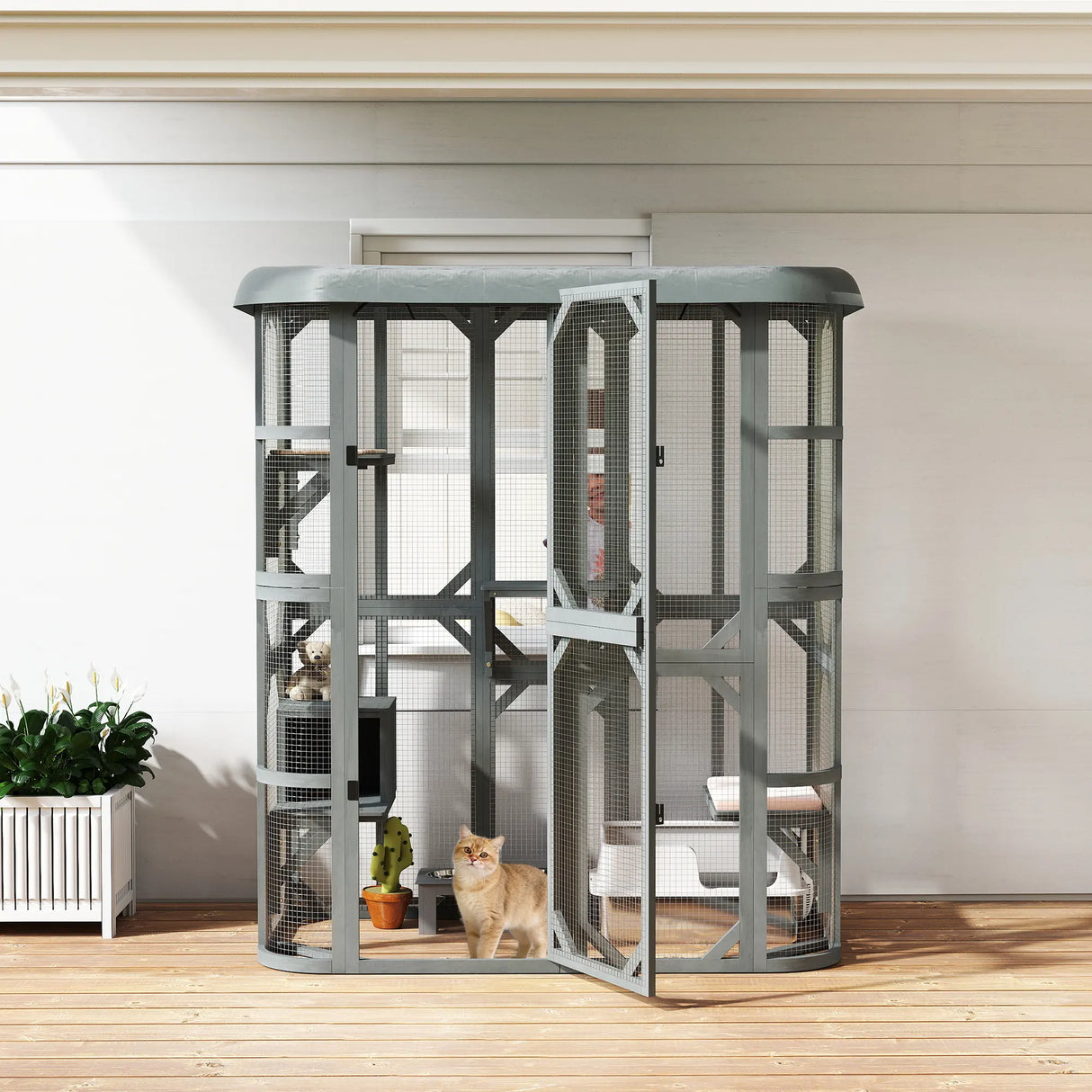 PawHut Catio Outdoor Cat Enclosure, Wooden Cat House with Platforms, Condo and Waterproof Cover for 23 Kittens, Grey