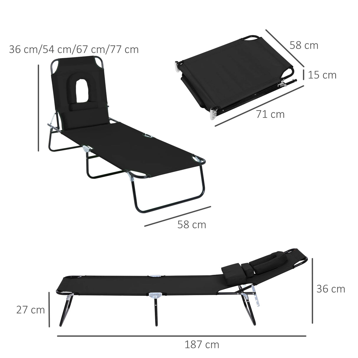 Outsunny Outdoor Folding Sun Lounger with Face Hole, 4 Level Adjustable Backrest Reclining Garden Lounger, Garden Recliner Sunbed with 600 D Oxford Cloth Seat and Pillow for Beach, Black