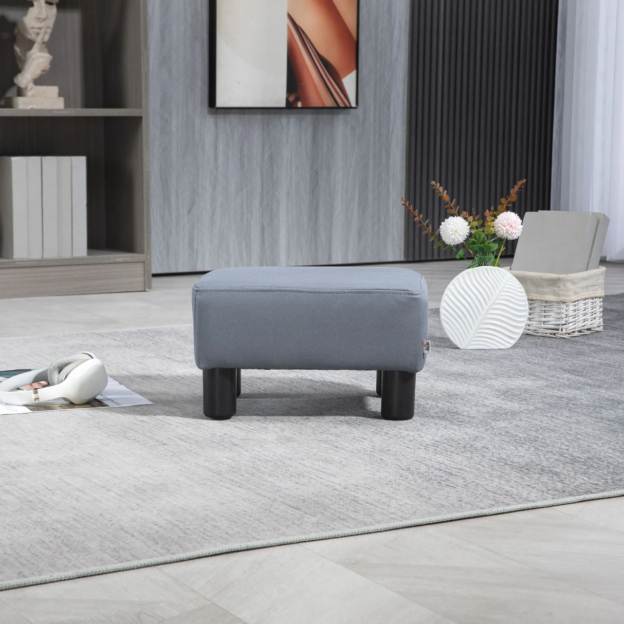 HOMCOM Microfiber Cloth Footstool, Small Foot Rest, Rectangle Sofa Stool for Bedroom Living Room, Grey