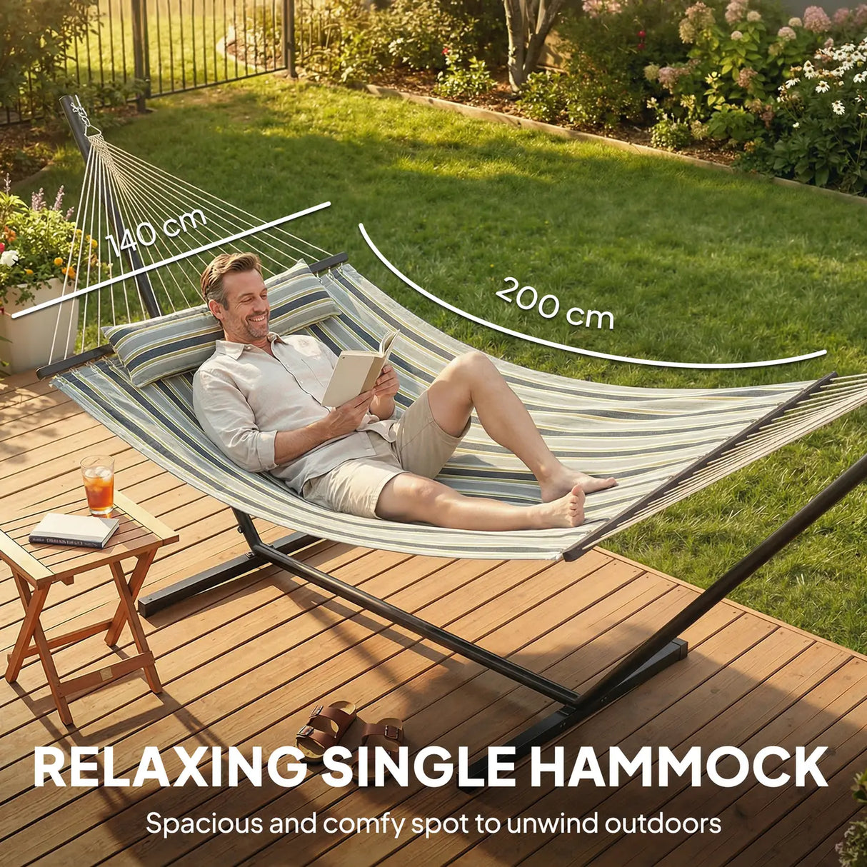 Outsunny Outdoor Hammock with Stand Detachable Pillow Striped Swing Steel Frame, for Garden, Patio, Green