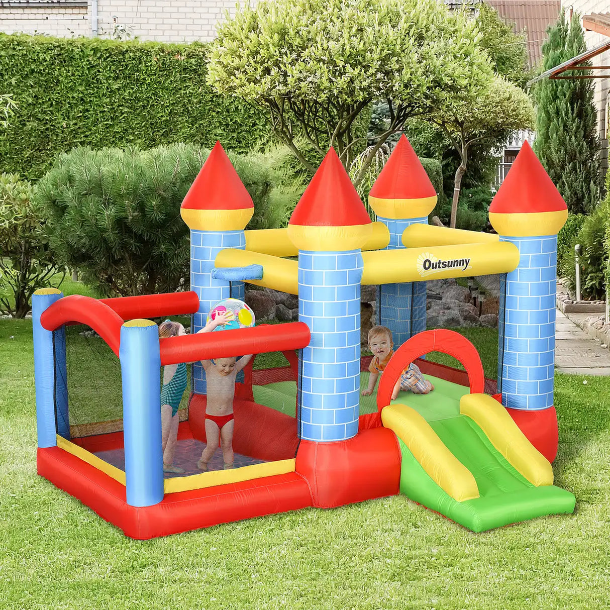 Outsunny Kids Bounce Castle Inflatable Trampoline Slide Pool Basket for Kids Age 3-10, 3 x 2.75 x 2.1m