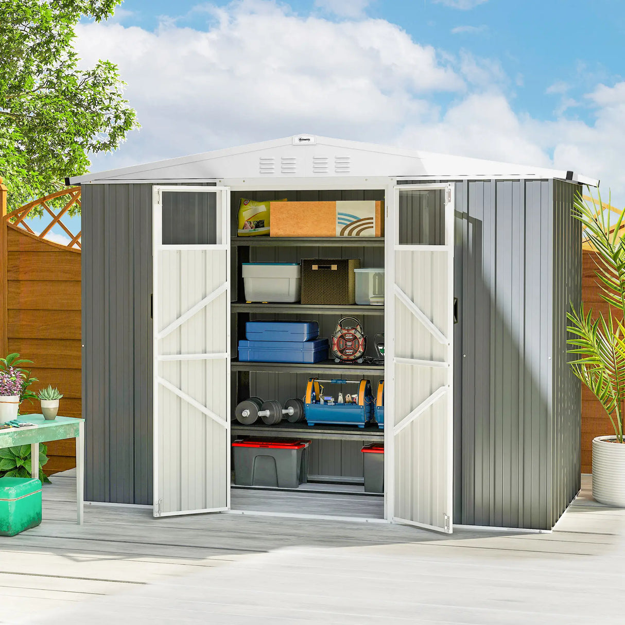 Outsunny 8 x 4 ft Metal Garden Shed, Garden Storage Shed with Window, 4 Vents and Lockable Door, Waterproof Galvanised Steel Tool Storage Shed, Light Grey
