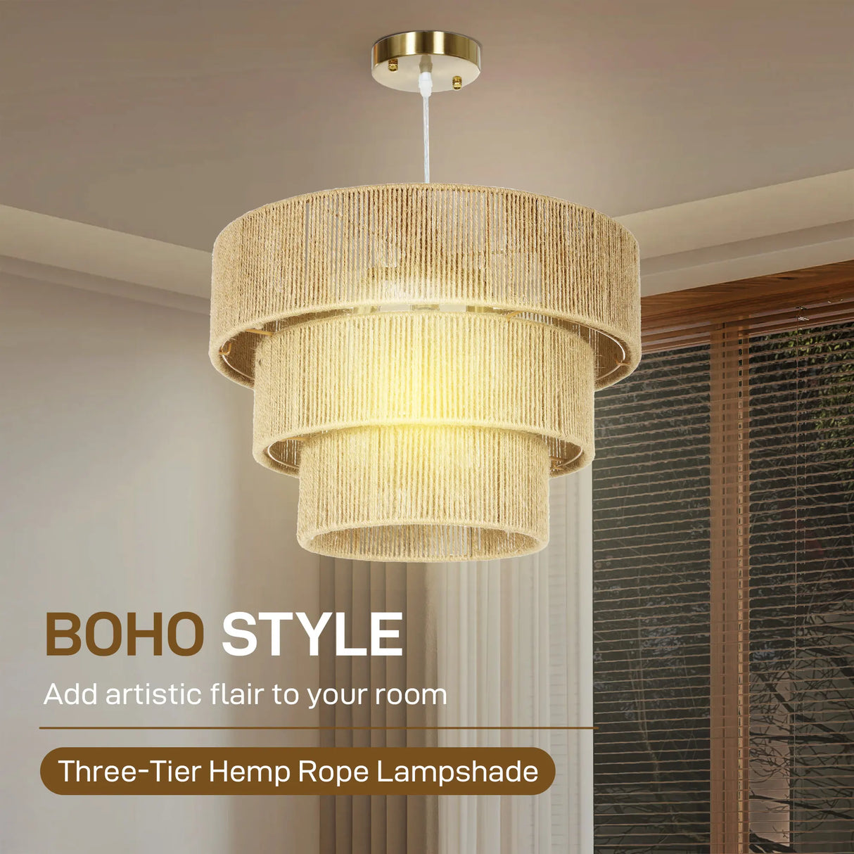 HOMCOM Hemp Rope Ceiling Light, 3-Layer Boho Pendant Light, 4 x E14 Vintage Ceiling Lamp Fixtures for Living Room, Bedroom, Kitchen, Hallway, Light Brown