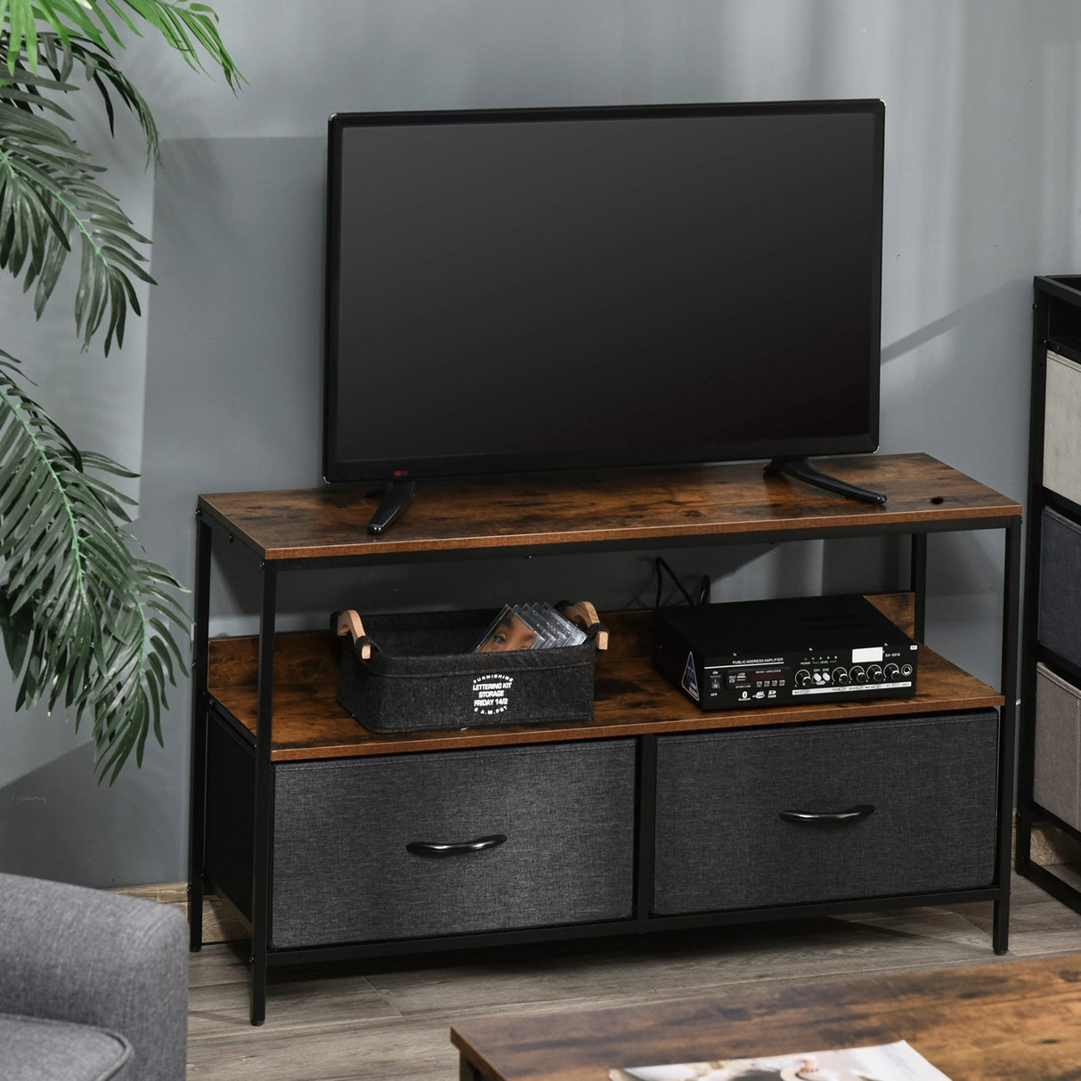 HOMCOM TV Stand Cabinet with 2 Foldable Drawers - Rustic Brown