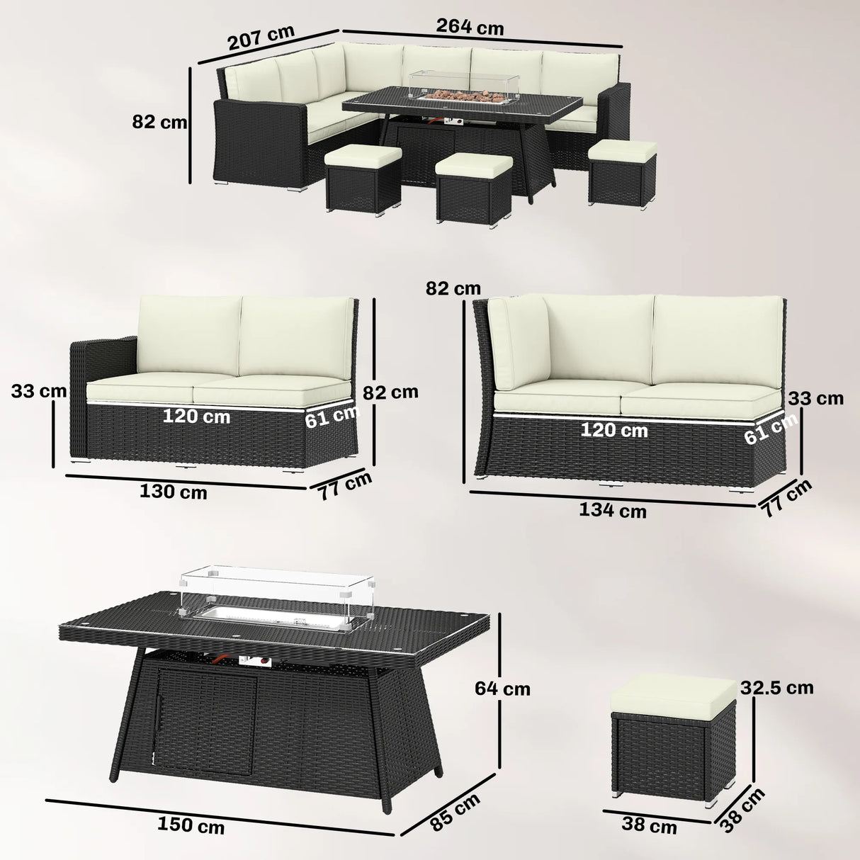 Outsunny 7 Pieces PE Rattan Garden Furniture Set, 50,000 BTU Gas Fire Pit Table, Double Corner Sofa and 3 Footstools