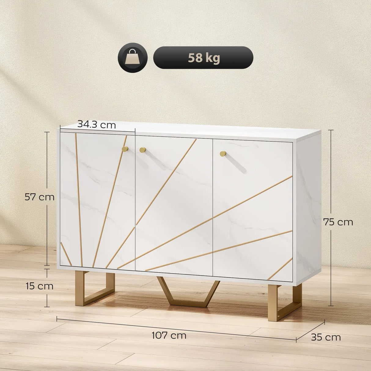 HOMCOM Sideboard Storage Cabinet, Modern Storage Cupboard with Adjustable Shelves and Metal Legs for Living Room, Kitchen, Dining Room, Entryway, White Marble Tone