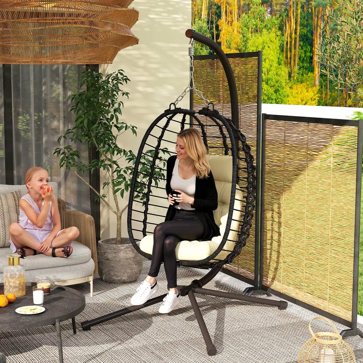 Outsunny Rattan Hanging Egg Chair, Foldable Wicker Hammock Swing Chair with Cushion, Stand, Adjustable Height, Head Pillow, Steel Frame for Garden Patio Indoor Outdoor, Cream White