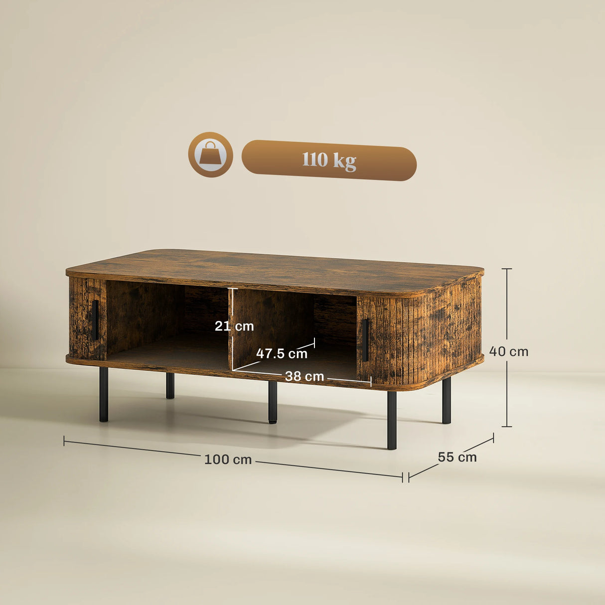 HOMCOM Coffee Table with Storage, Living Room Table with Slatted Tambour Sliding Doors and Foot Pads, Rectangular Coffee Table with Elevated Base for Living Room, Rustic Brown