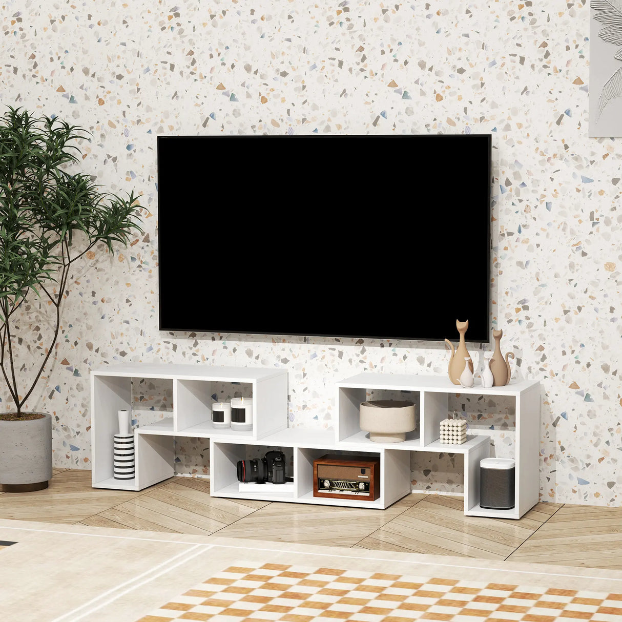 HOMCOM Three-Block Modular TV Stand - White Wood-Effect