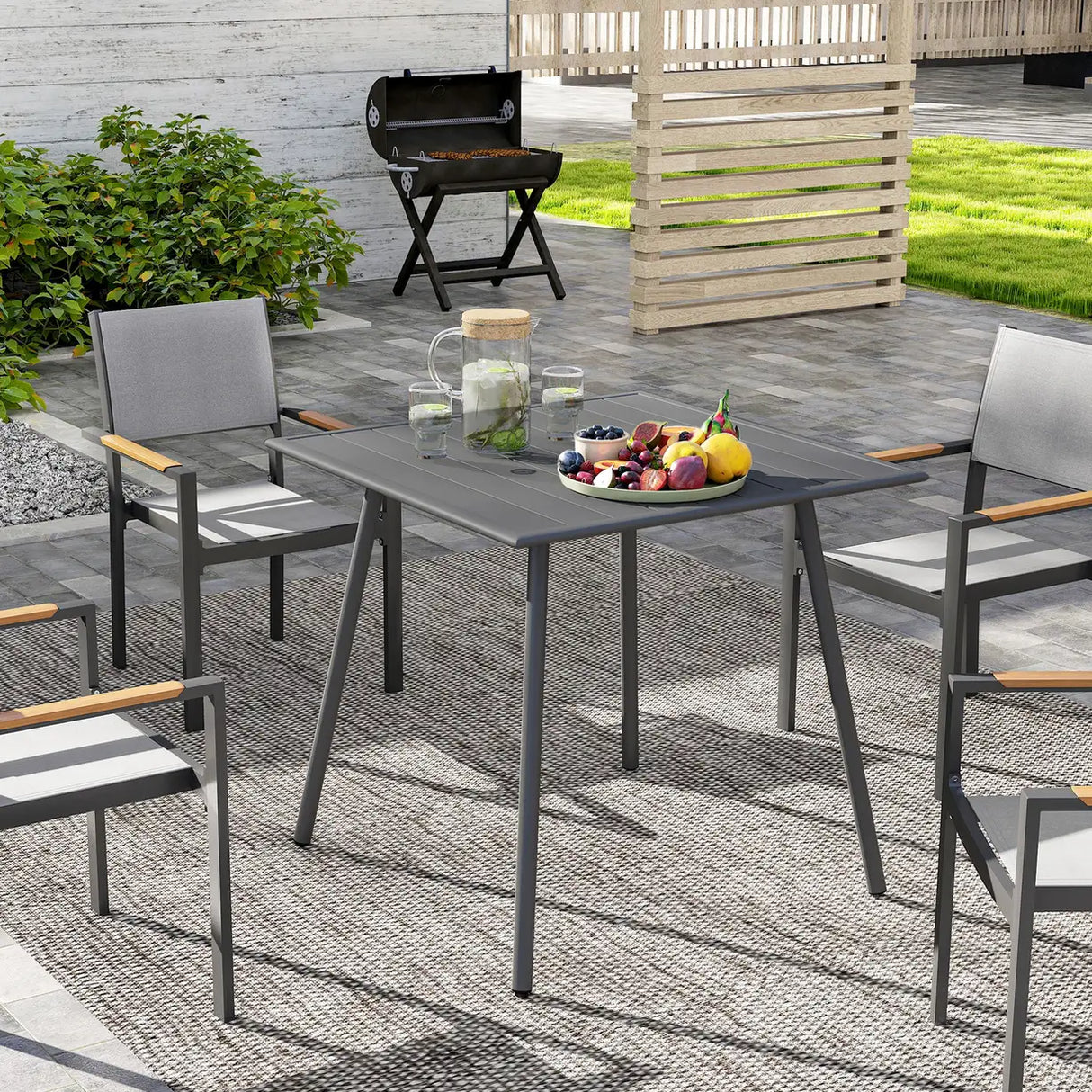 Outsunny Square Garden Table with Slat Top, Steel Frame, Outdoor Table for 4 Person, 80 x 80 x 74 cm, Grey