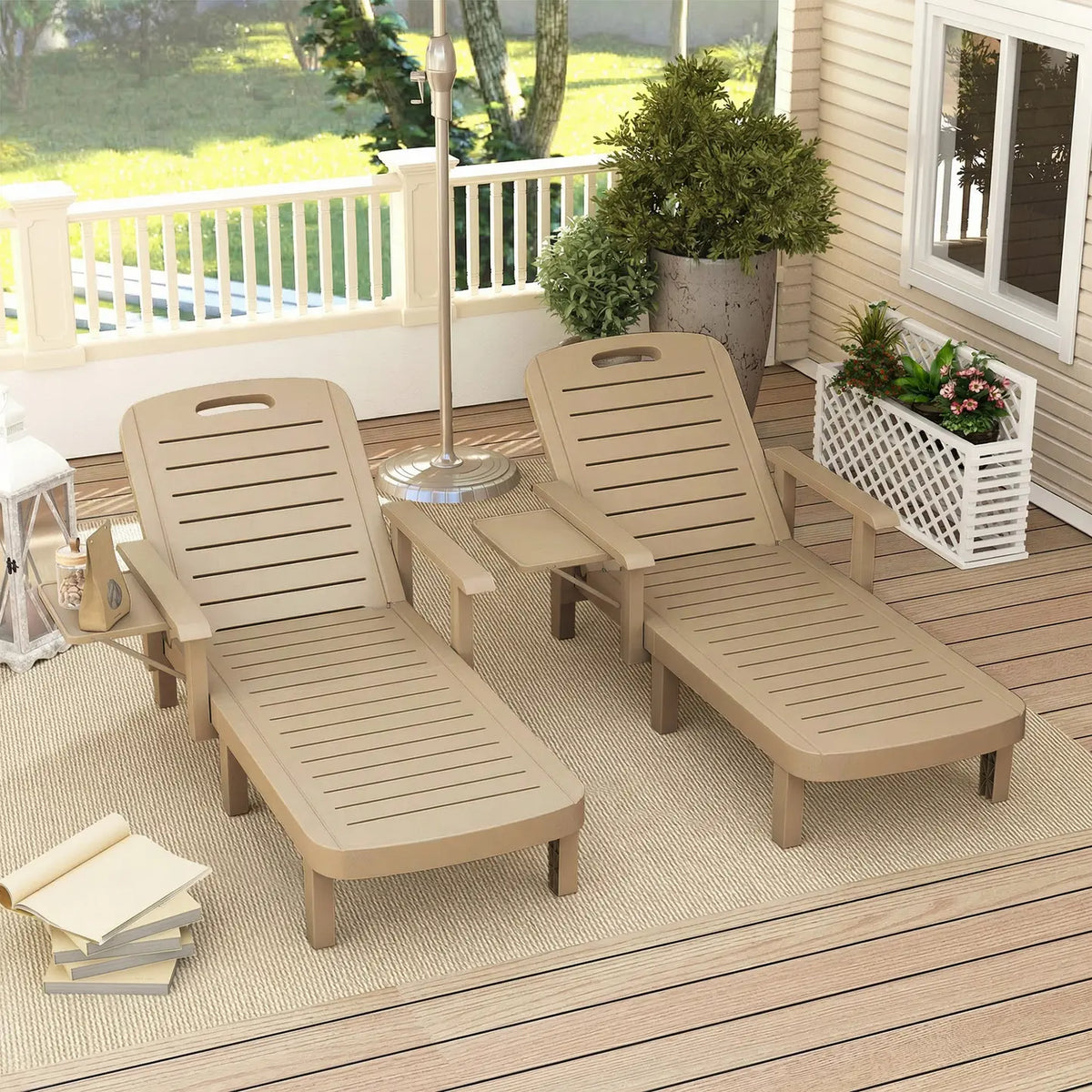 Outsunny Set of 2 Reclining Sun Loungers, 5 Positions Adjustable Outdoor Chaise Lounge Chair with Armrests, Khaki