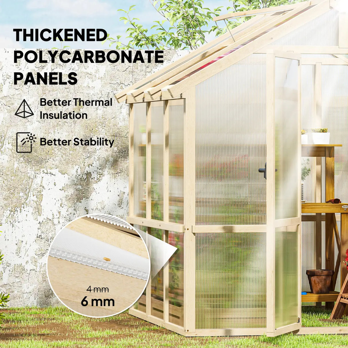 Outsunny 6.6 x 6ft Polycarbonate Greenhouse, Walk-in Wooden Greenhouse with Lockable Door and Window, Garden Plants Grow House, Brown