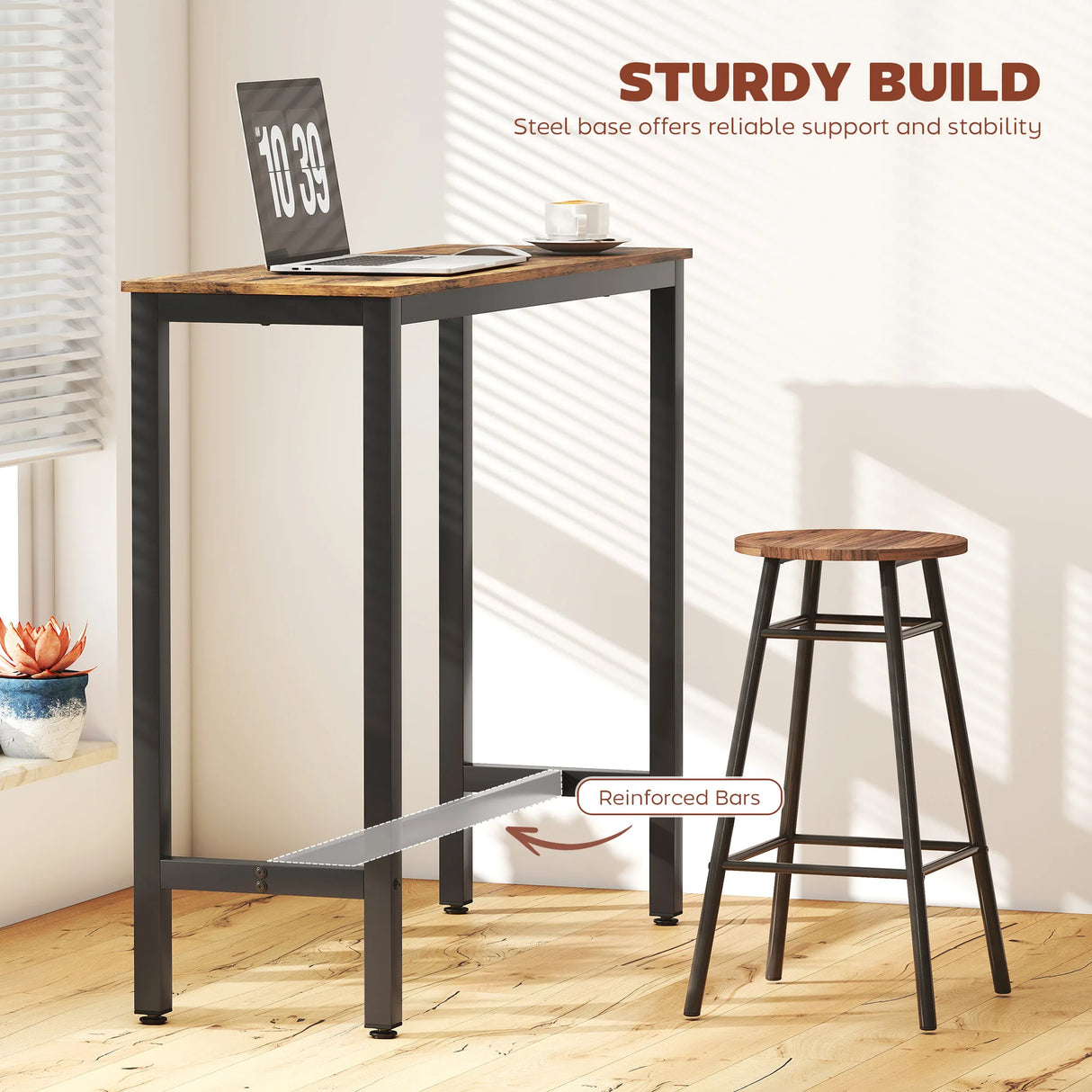 HOMCOM Rectangular Bar Table, Wood Effect Pub Coffee Table for Small Space, Breakfast Dining, Kitchen, Industrial, Rustic Brown