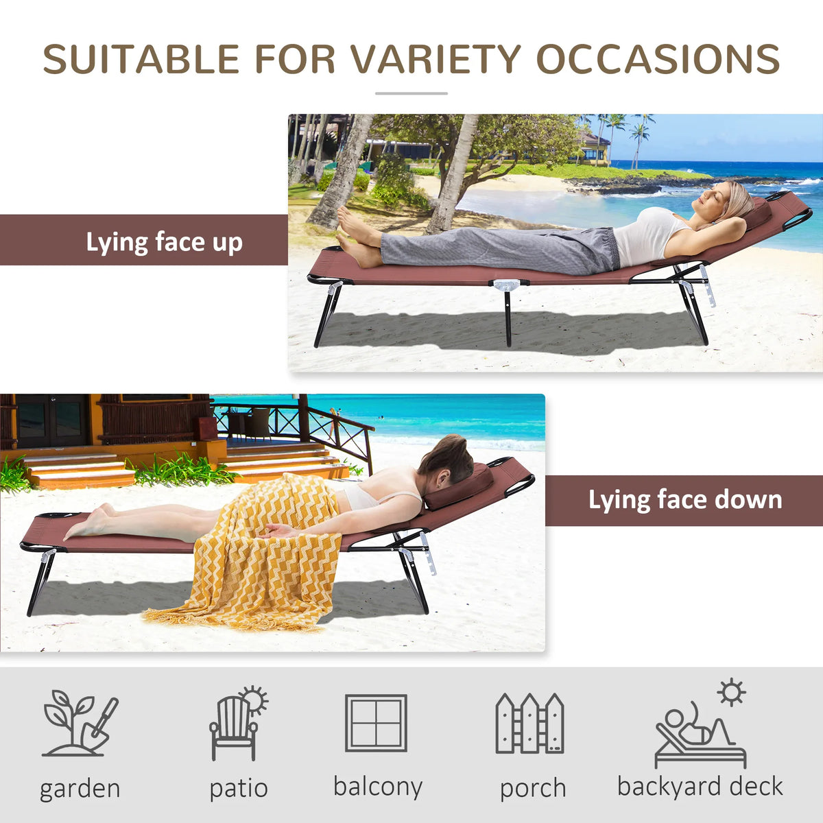 Outsunny Folding Sun Lounger with Face Hole, 4-Position Adjustable Backrest Garden Recliner Chair Sunbed, Outdoor Lounge Chair with 600 D Oxford Cloth Seat, Pillow for Beach, Brown