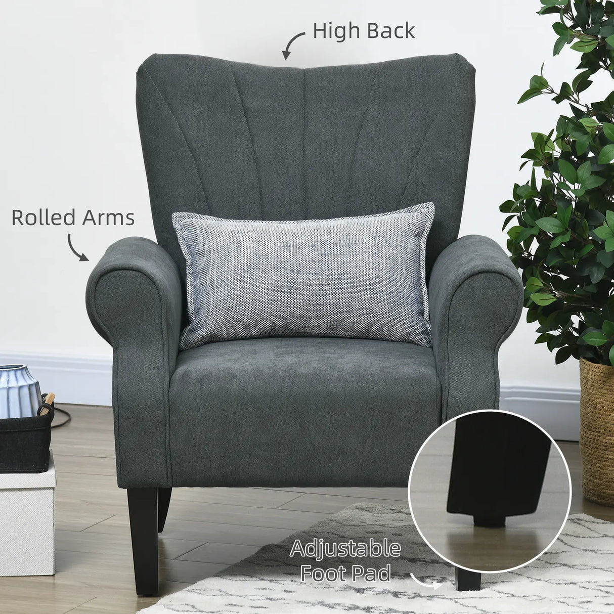 HOMCOM Upholstered Accent Chair with Rolled Arms and Wood Legs, Armchair for Living Room Bedroom, Grey