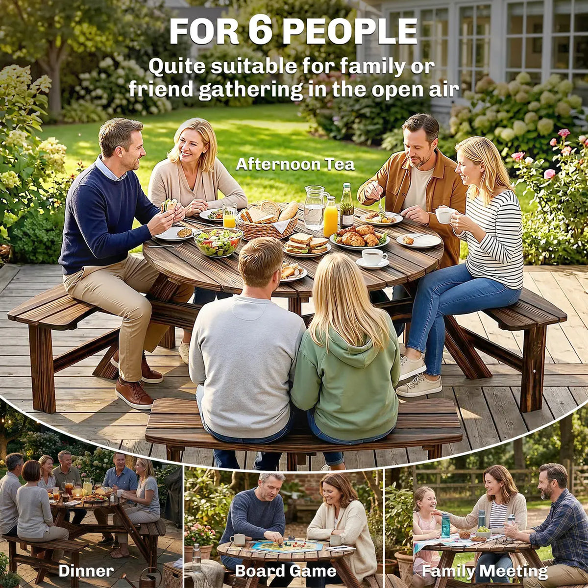 Outsunny Wooden Garden Dining Set, 6 Seater Round Dining Picnic Table with Matching Bench, Garden Furniture Set with Parasol Hole for Outdoor Patio Party and Family Gatherings, Carbonized