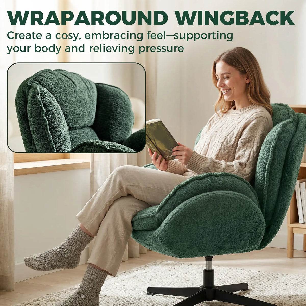 HOMCOM Modern Wingback Accent Chair, Velvet Armchair with Four-Star Base, S-Springs, Swivel, Dark Green