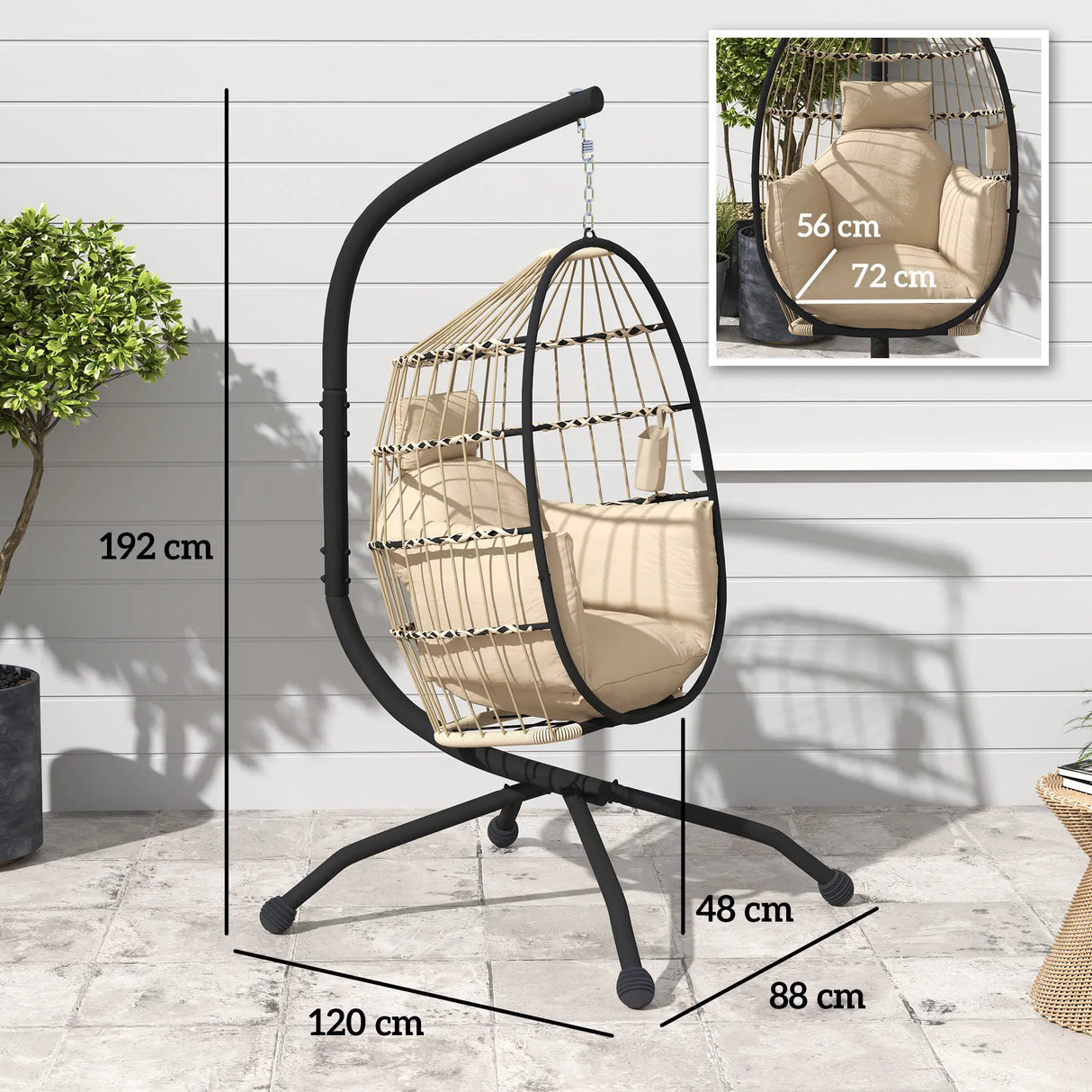 Outsunny Hanging Egg Chair Outdoor Indoor Garden Swing Chair with Folding Basket and Thickened Cushion, Garden Hanging Chair with Stand, Headrest, Cup Holder for Patio, Balcony, Khaki