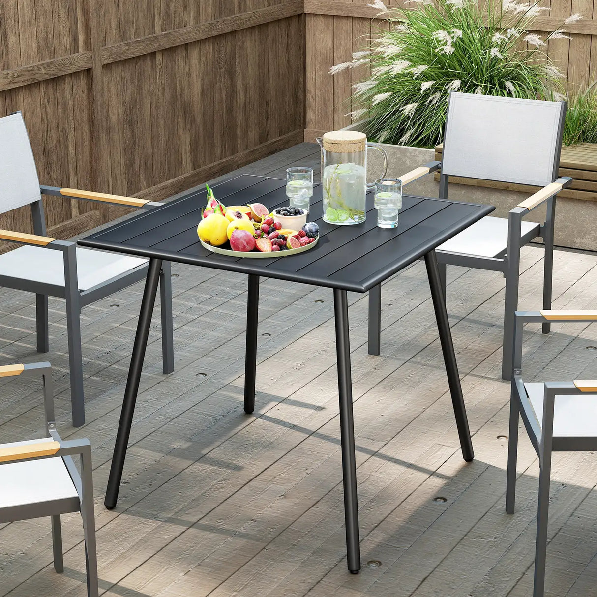 Outsunny Square Garden Table with Slat Top, Steel Frame, Outdoor Table for 4 Person, 80 x 80 x 74 cm, Black