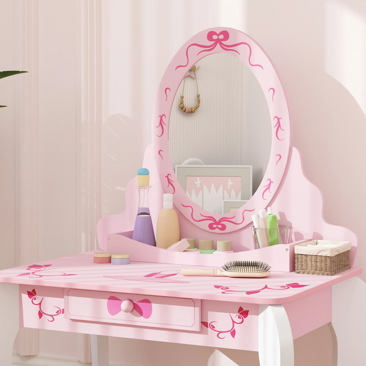 AIYAPLAY Kids Dressing Table Set, Vanity Table with Stool, Mirror, Drawer, Desktop, Storage, Ballet-Theme, Pink