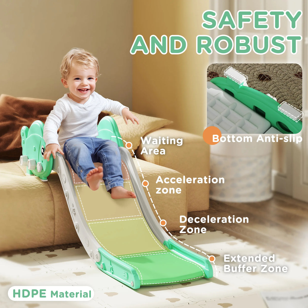 AIYAPLAY Kids Sofa Slide with 130cm Extended Length, HDPE Toddler Slide for Sofa, Bed, Stairs, Easy Assemble & Storage, Green