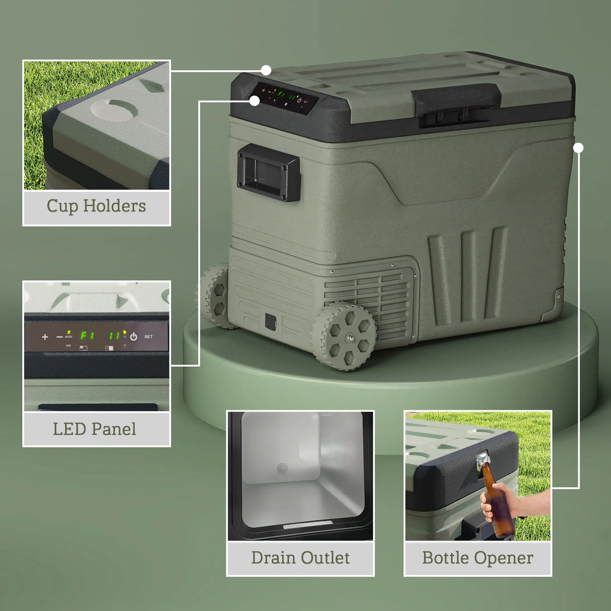 Outsunny 45L Two Compartment Car Fridge Cooler - Green