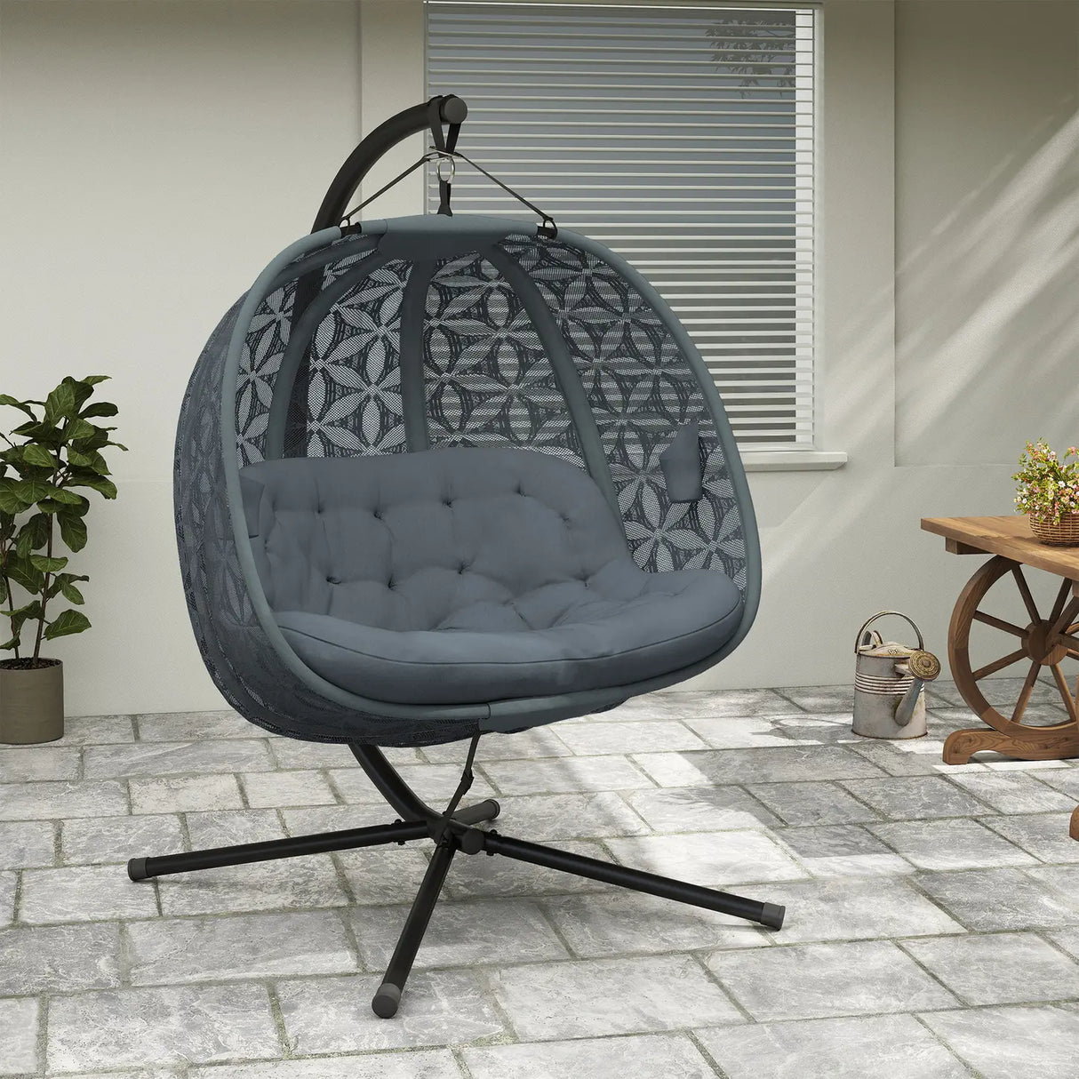 Outsunny Outdoor Double Hanging Chair with Cushion and Cup Holders, Charcoal Grey