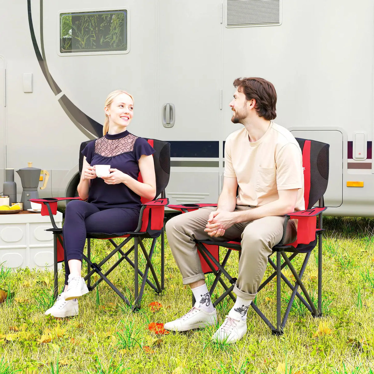 Outsunny Set of 2 Folding Camping Chairs, Padded Camping Chairs with Adjustable Armrests, Portable & Lightweight Folding Camp Chair with Cooler Bag, Cup Holder and Side Pockets, Red