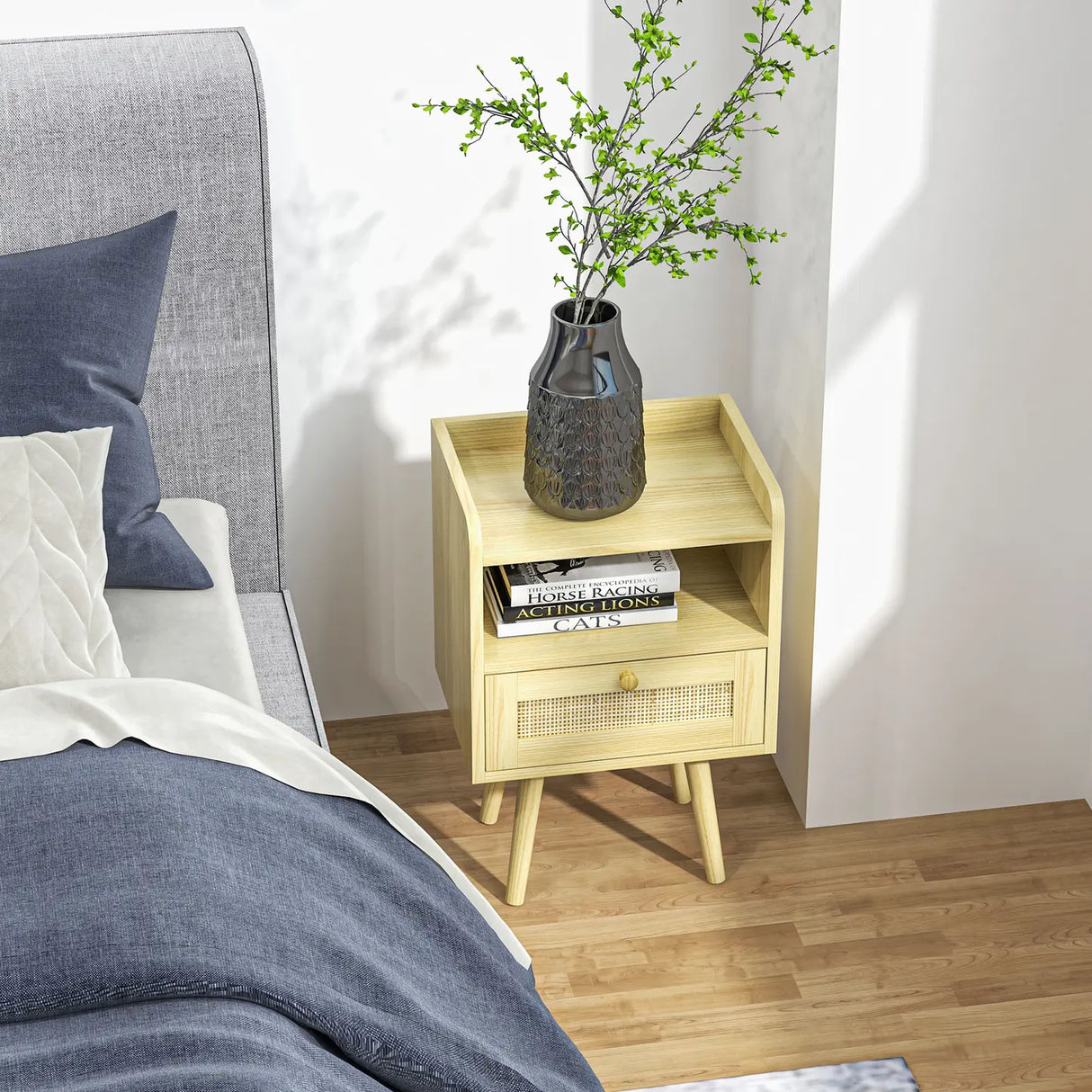 HOMCOM Set of Two Rattan Weave Bedside Tables - Wood Effect