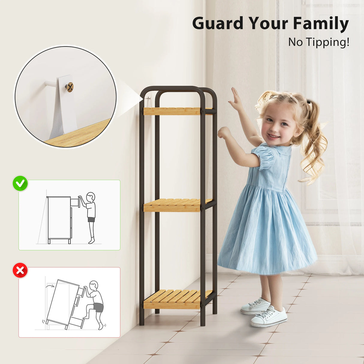 HOMCOM 3-Tier Bamboo Bathroom Storage Shelf, Freestanding Narrow Shelving Unit with Slatted Shelves for Kitchen Bathroom Living Room, 41.5 x 21.5 x 77.5 cm, Natural and Black