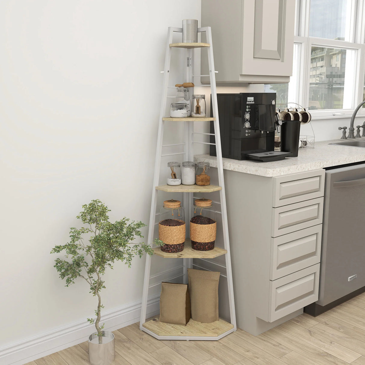 HOMCOM Five-Tier Corner Shelf - White/Wood-Effect
