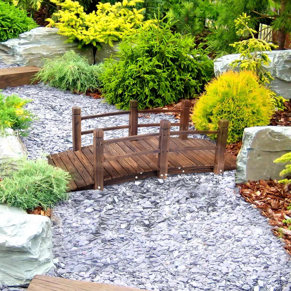 Outsunny 1.5M Wooden Garden Bridge Lawn Dcor Stained Finish Arc Outdoor Pond Walkway w/ Railings Water Yard Decoration