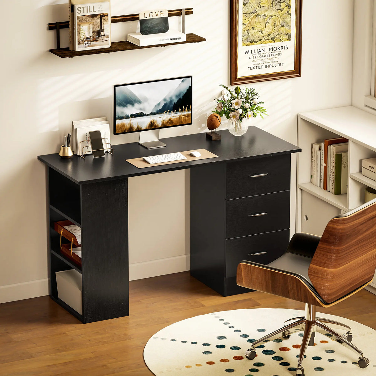 HOMCOM Computer Desk, Home Office Desk, Writing Table, PC Workstation with 3 Storage Shelves and 3 Drawers for Working, Study, 120 x 49 x 72 cm, Black