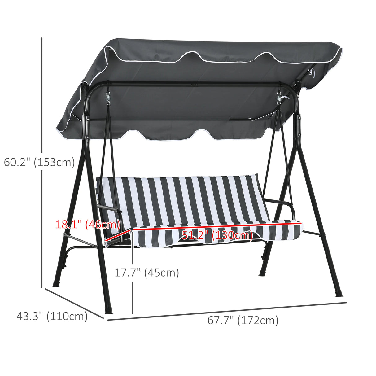 Outsunny 3 Seater Garden Swing Chair, Outdoor Swing Chair with Adjustable Canopy, Mental Frame & Cushions, Grey