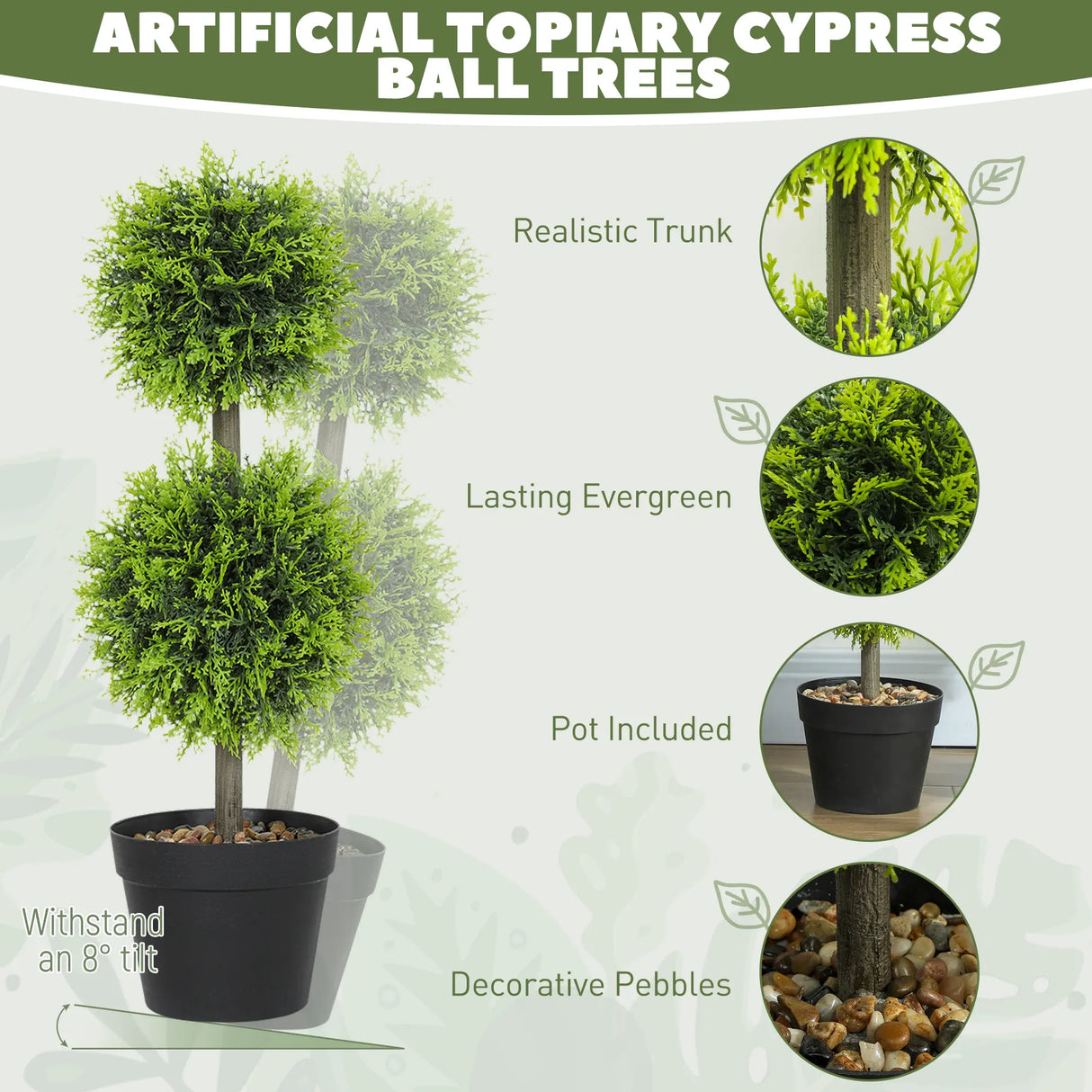 HOMCOM Set of 2 Decorative Artificial Plants, 60cm Faux Topiary Cypress Ball Trees with Plastic Pot and Pebbles, Fake Plants for Home Office Decor, Green